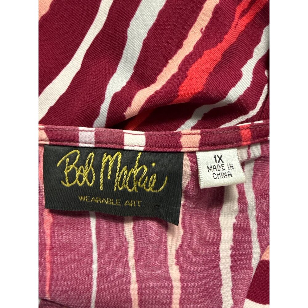 Bob Mackie Wearable Art Size 1X Red & Pink Stripe Pattern V-Neck 3/4 Sleeve Top - Picture 4 of 7
